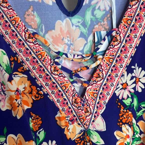 MARKET & SPRUCE Floral Romper 3/4 Sleeve V-Neck Tie Waist Blue Mutli Size L NWT - Picture 4 of 11